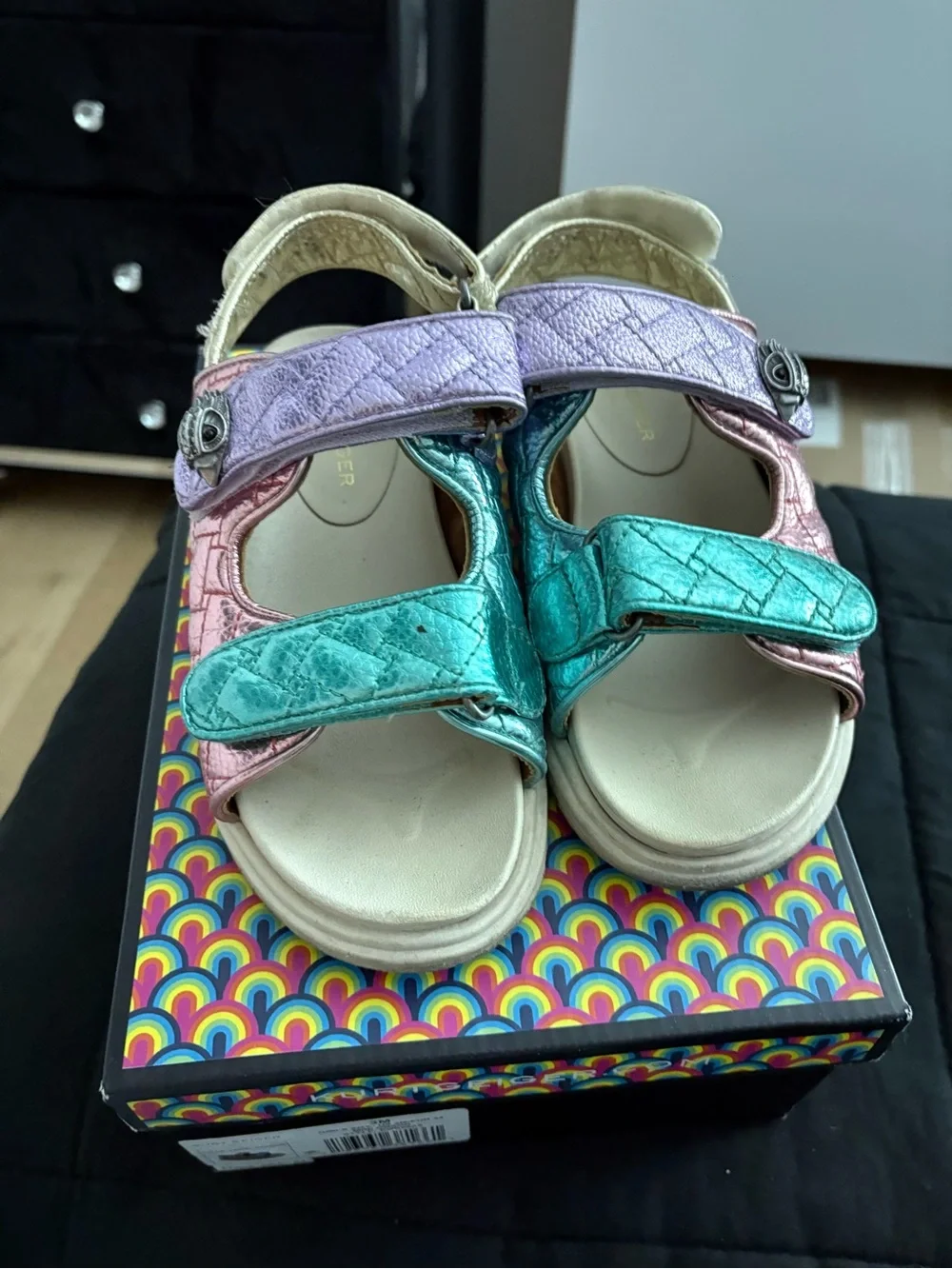 Kurt Geiger Metallic Pink Purple and Teal Girls Sandals - Picture 2 of 10